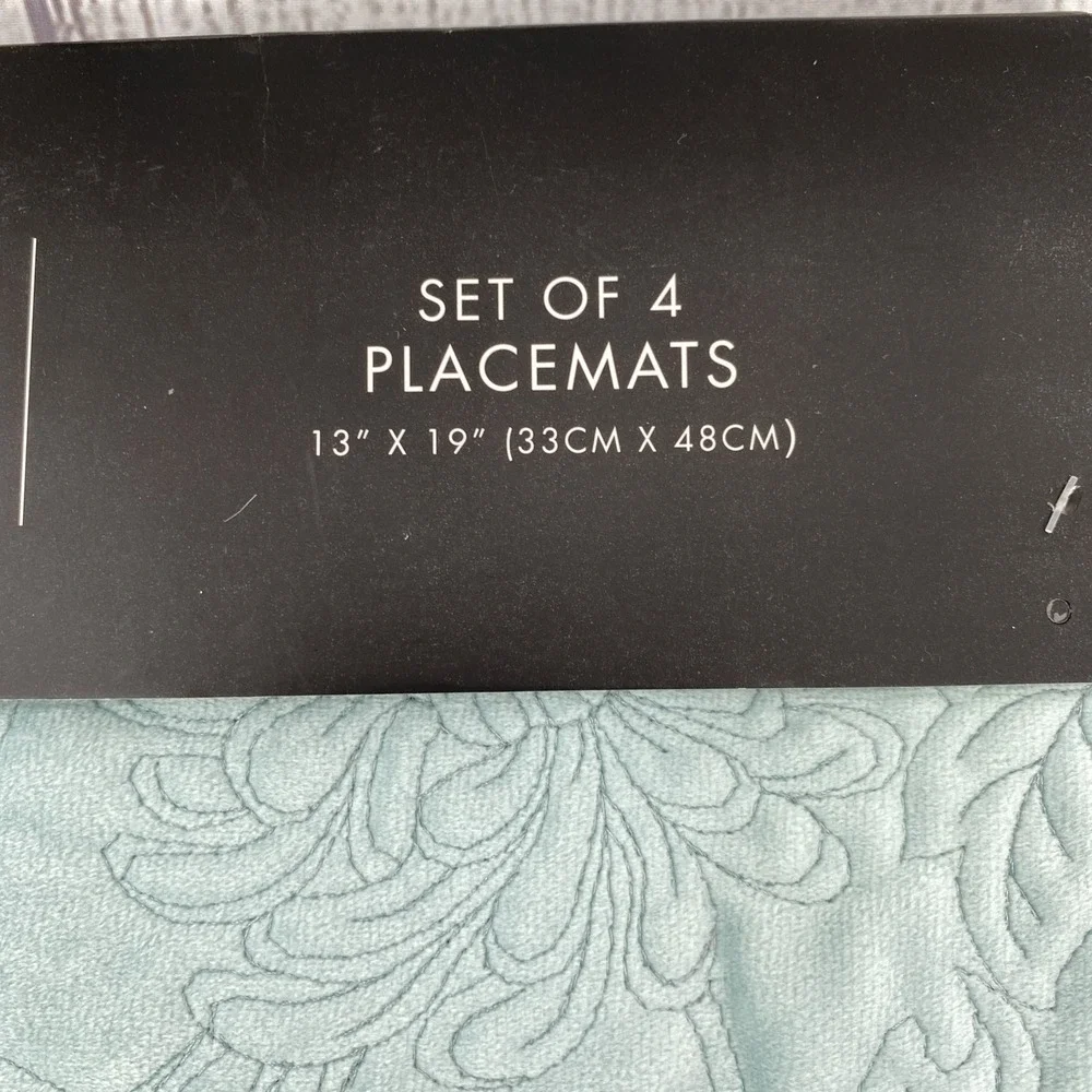 Tahari Home Placemats (Set of 4) Blue Velvet Embroidered Leaves Elegant Everyday